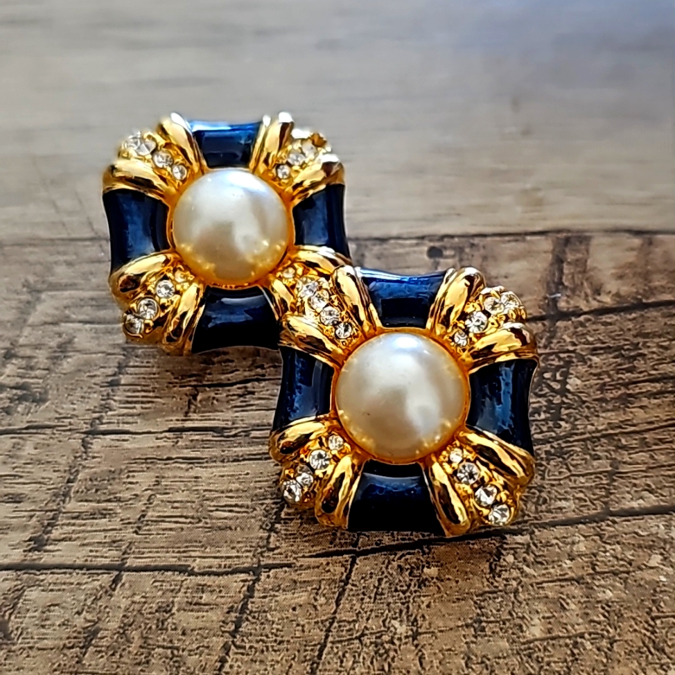 Vintage Clip On Earrings Pearl Cobalt Blue Rhinestones Gold Tone